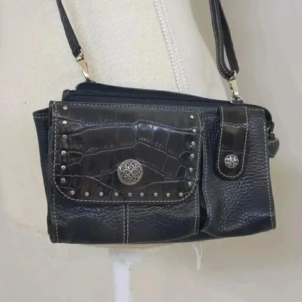 Brighton Black Leather Vintage Bikercore Studded Crossbody Bag